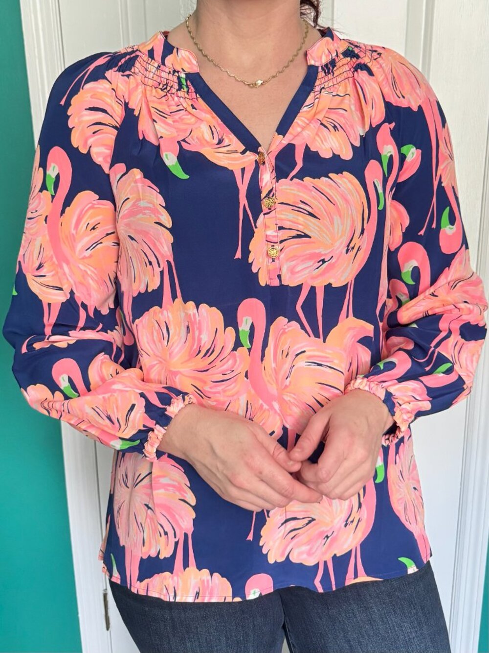 NWT Lilly Pulitzer Pink Flamingo Blouse on Blue
